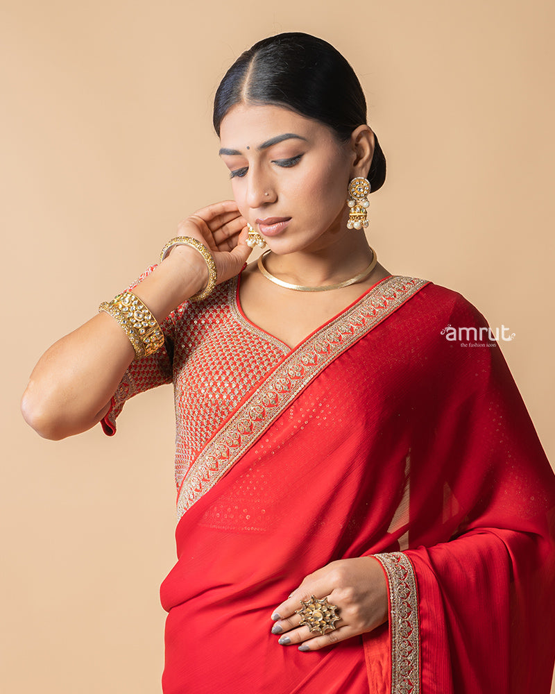 Dark Red Chiffon Saree With Stitched Blouse