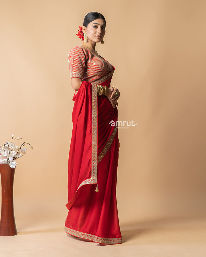 Dark Red Chiffon Saree With Stitched Blouse