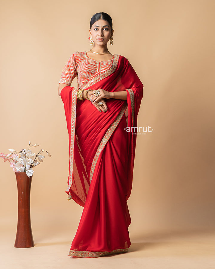 Dark Red Chiffon Saree With Stitched Blouse