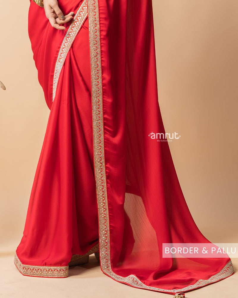 Dark Red Chiffon Saree With Stitched Blouse