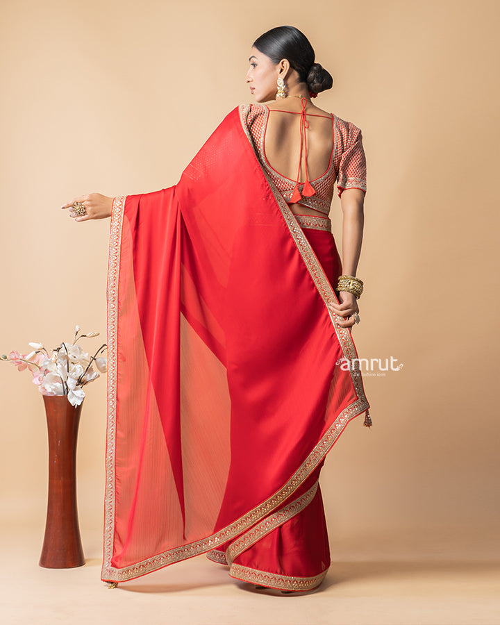 Dark Red Chiffon Saree With Stitched Blouse