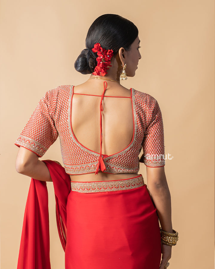 Dark Red Chiffon Saree With Stitched Blouse