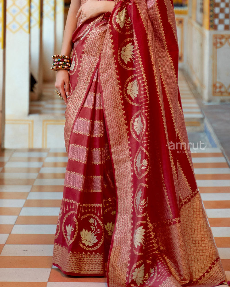 Red Wine Floral Printed Saree With Unstitched Blouse