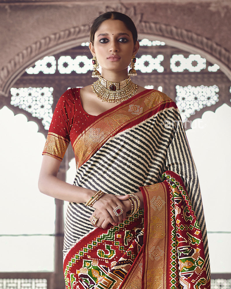 Red With White Stripes Patola Saree and Unstitched Blouse