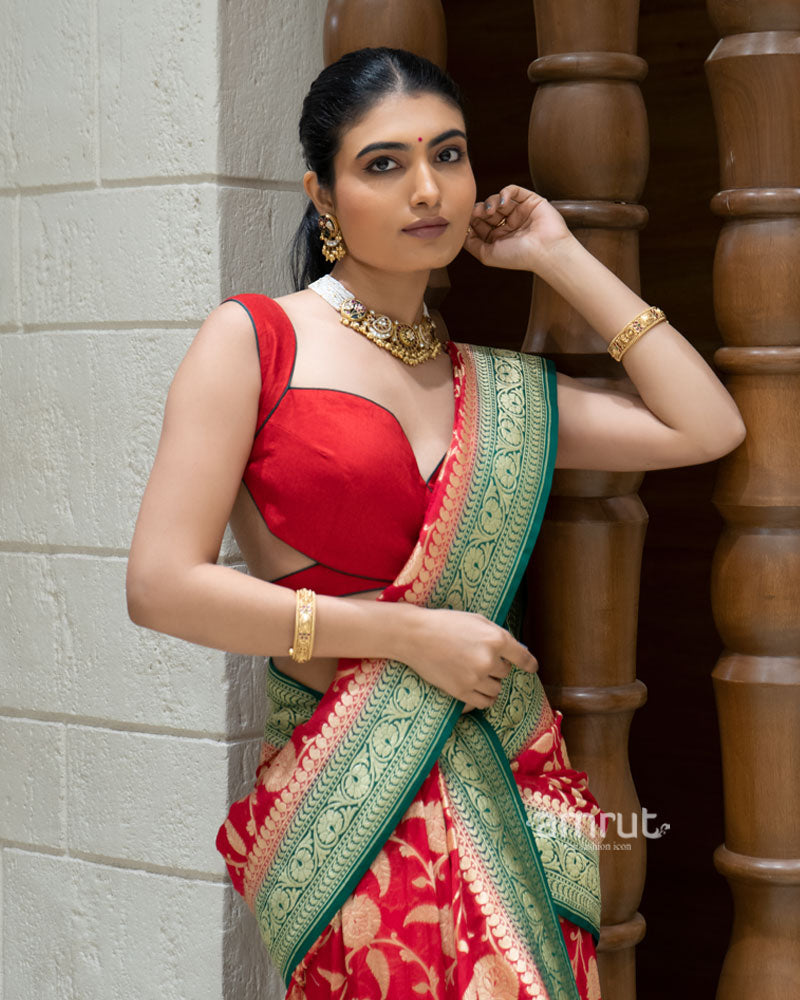Red Banarasi Georgette Saree with Green Zari Border and Unstitched Blouse 02