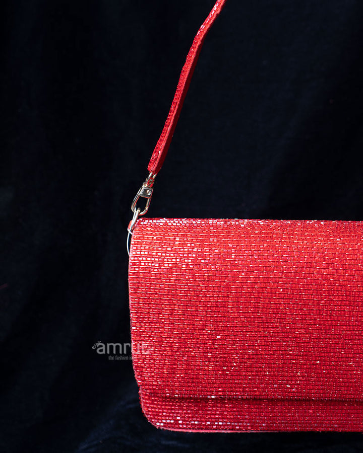 Red Beaded Rectangular Handbag with Wide Shoulder Strap 02