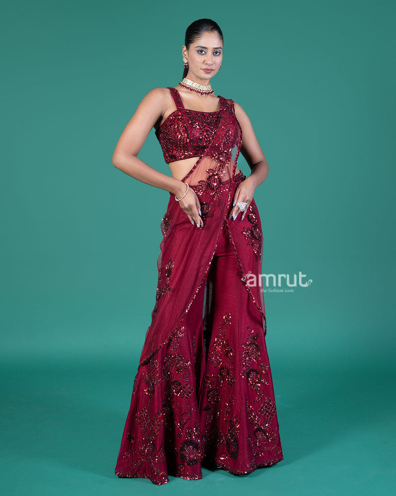 Red Embellished Palazzo with Sequin Crop Top and Draped Dupatta 01