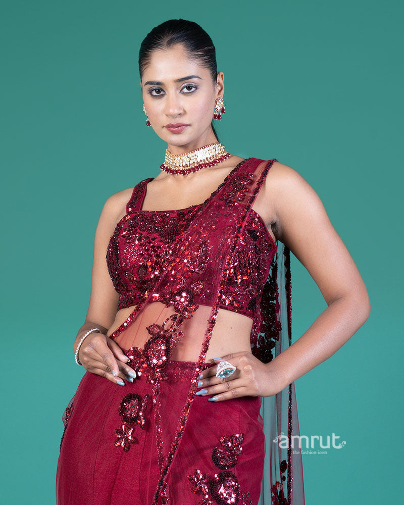 Red Embellished Palazzo with Sequin Crop Top and Draped Dupatta 02
