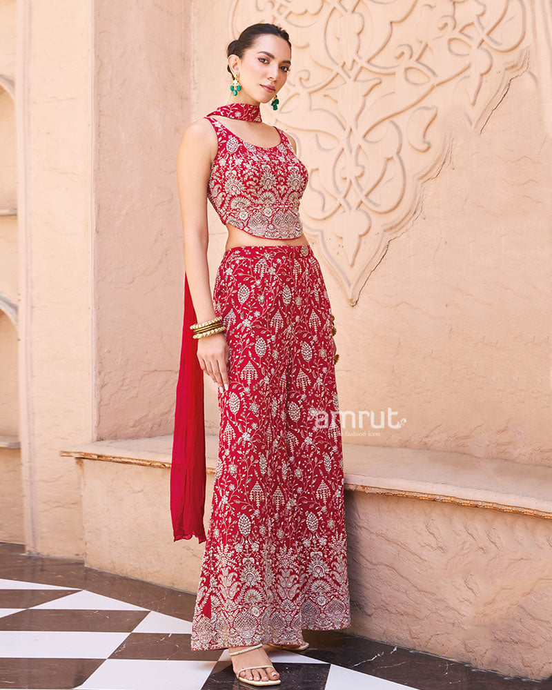 Red Embroidered Indo-Western Palazzo Set with Dupatta 01