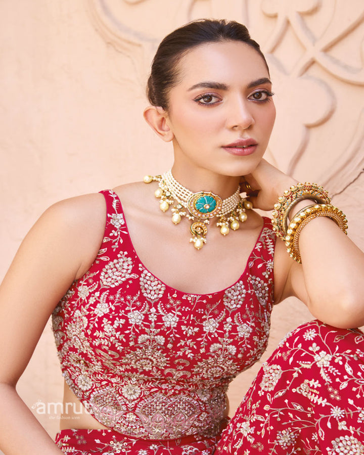 Red Embroidered Indo-Western Palazzo Set with Dupatta 02