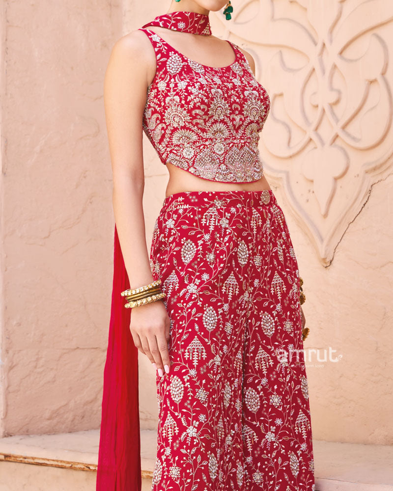 Red Embroidered Indo-Western Palazzo Set with Dupatta 03
