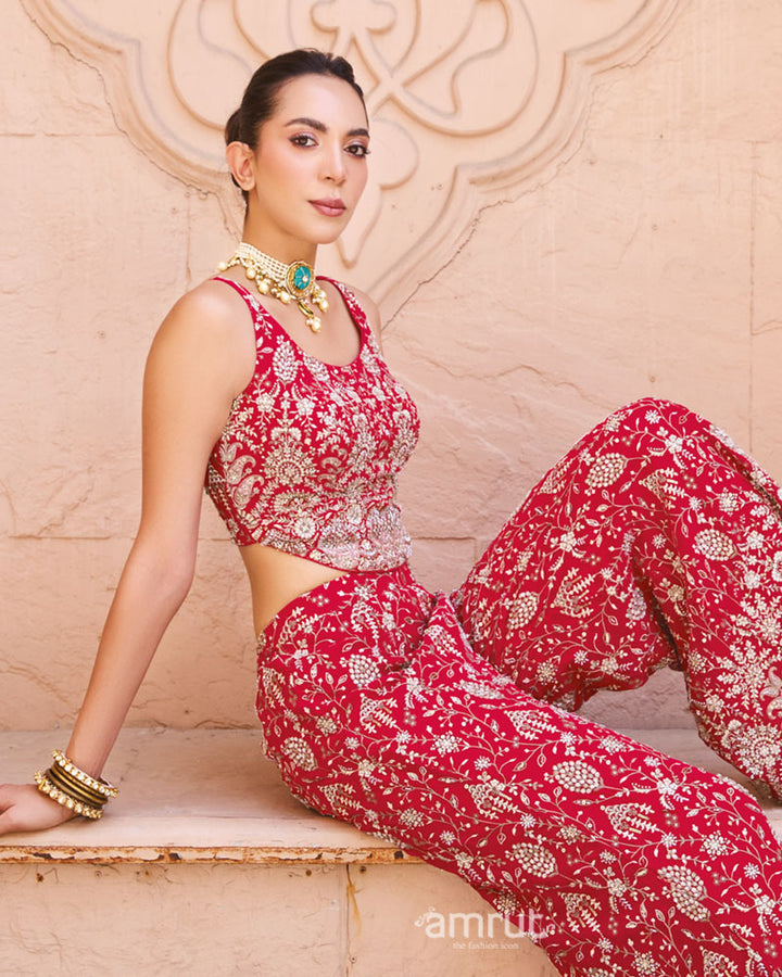 Red Embroidered Indo-Western Palazzo Set with Dupatta 04
