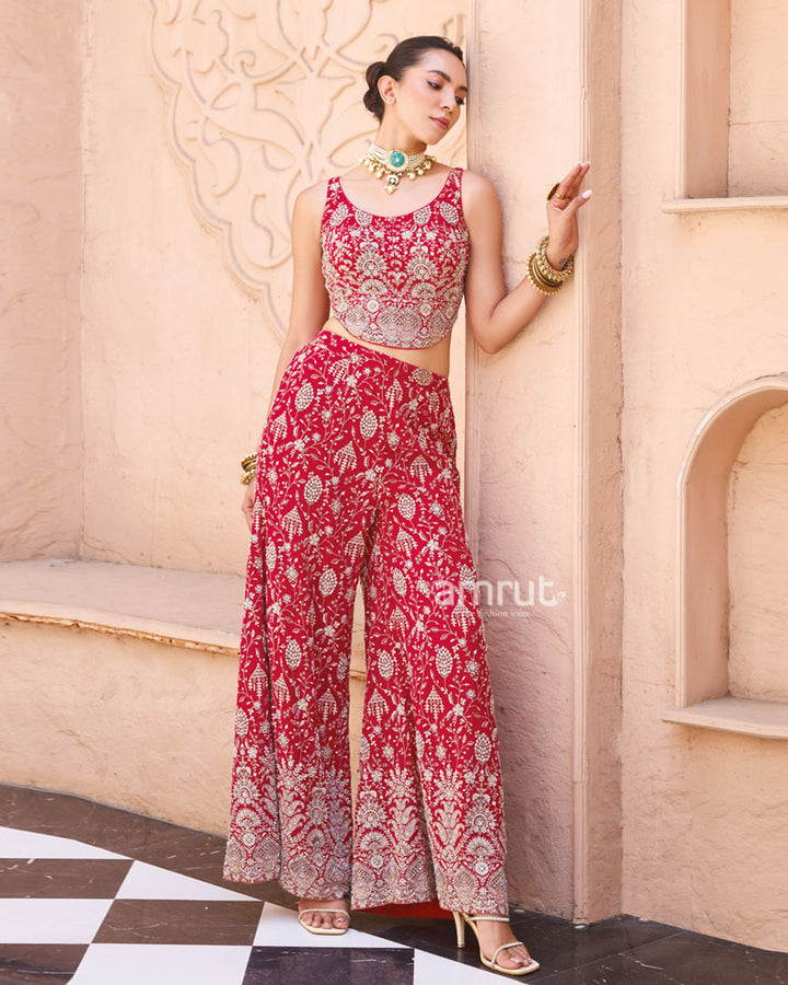 Red Embroidered Indo-Western Palazzo Set with Dupatta 05