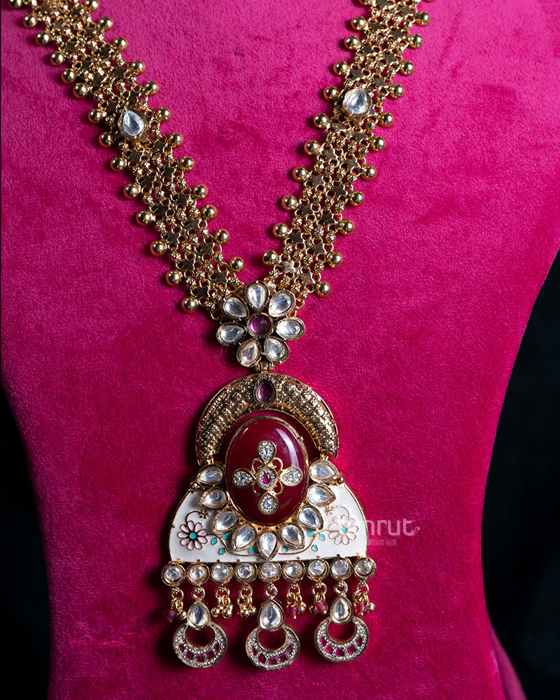 Red Gem Pendant and Rhinestone Charms V-Shape Necklace 02