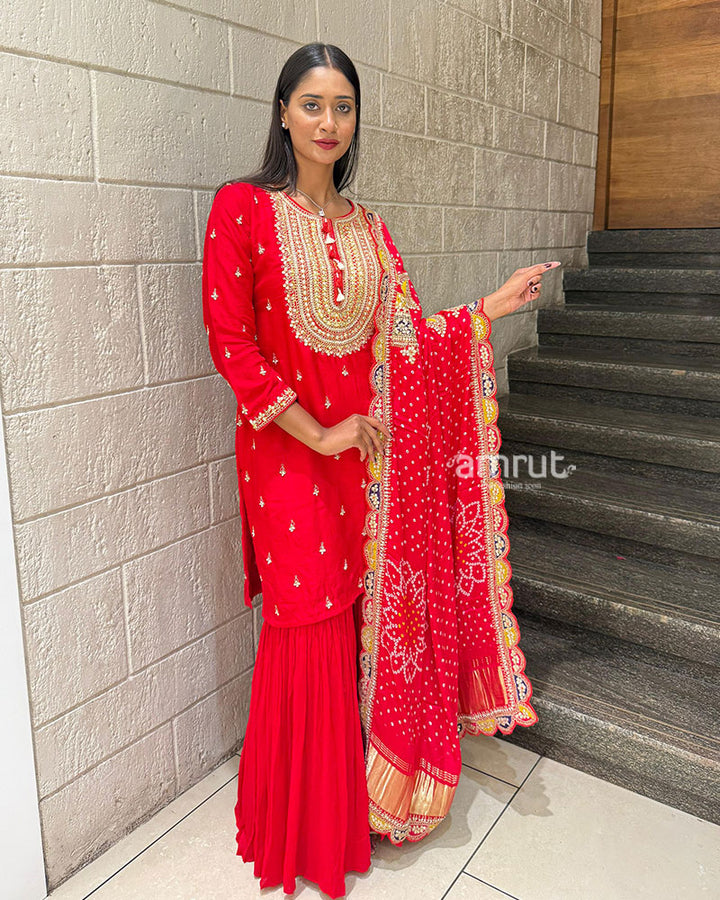Red Gota Patti Embroidered Sharara Set with Bandhani Dupatta 01
