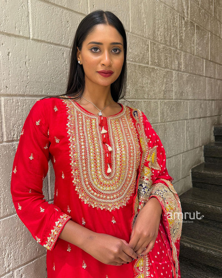 Red Gota Patti Embroidered Sharara Set with Bandhani Dupatta 02
