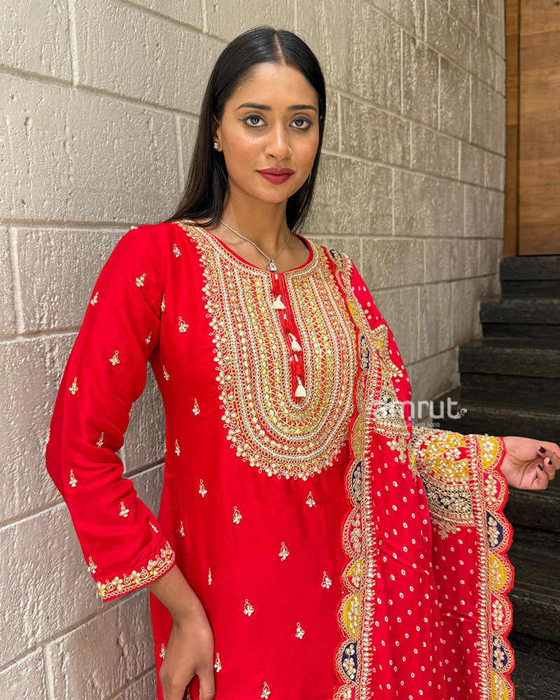Red Gota Patti Embroidered Sharara Set with Bandhani Dupatta 03
