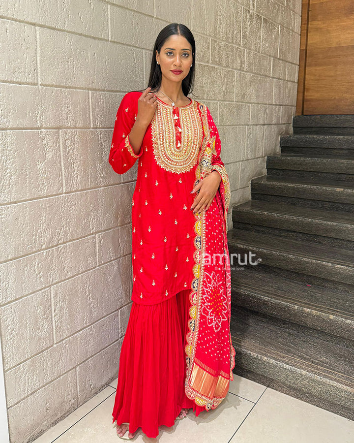 Red Gota Patti Embroidered Sharara Set with Bandhani Dupatta 04