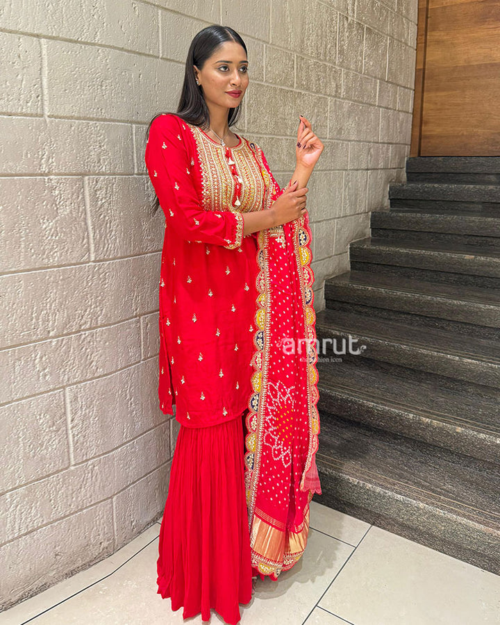 Red Gota Patti Embroidered Sharara Set with Bandhani Dupatta 05
