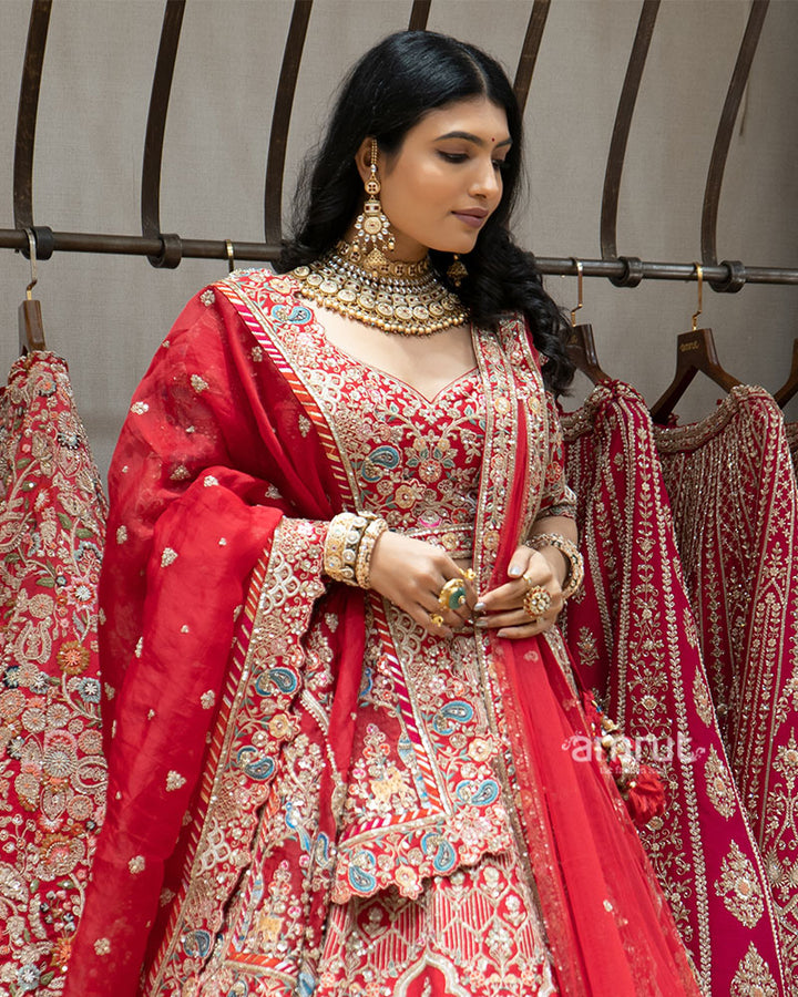 Red Multicolor Zardozi Embroidered Bridal Lehenga Set 02