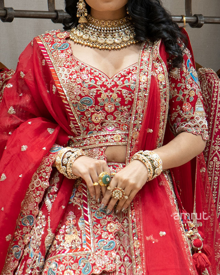 Red Multicolor Zardozi Embroidered Bridal Lehenga Set 03
