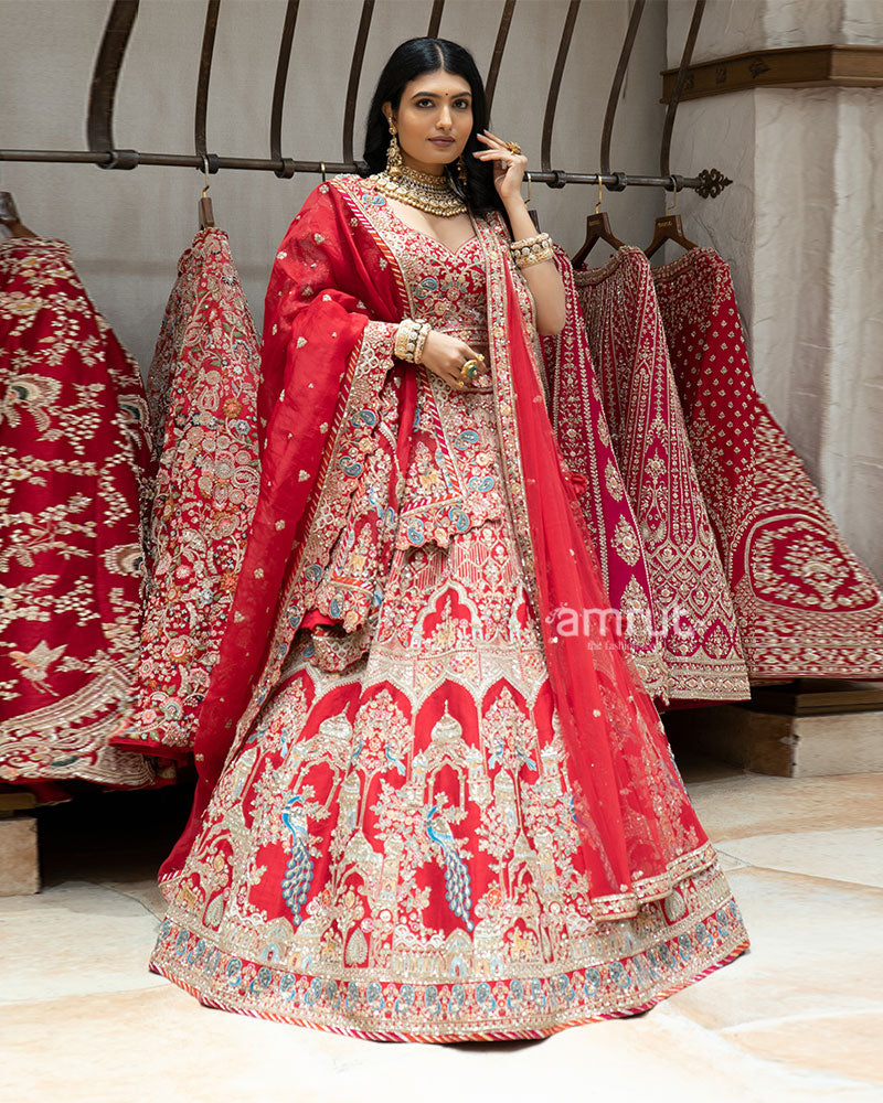 Red Multicolor Zardozi Embroidered Bridal Lehenga Set 04