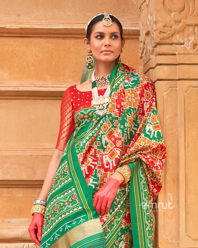 Red Patola Printed Saree with Green Zari Border and Unstitched Blouse 02