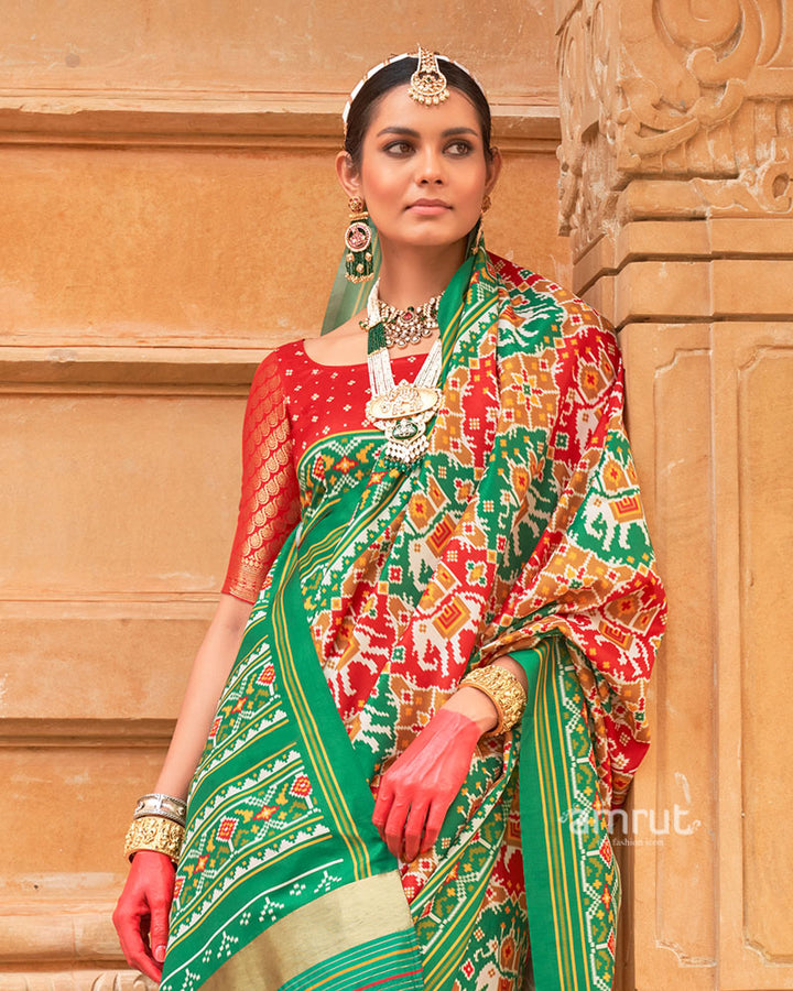 Red Patola Printed Saree with Green Zari Border and Unstitched Blouse 02