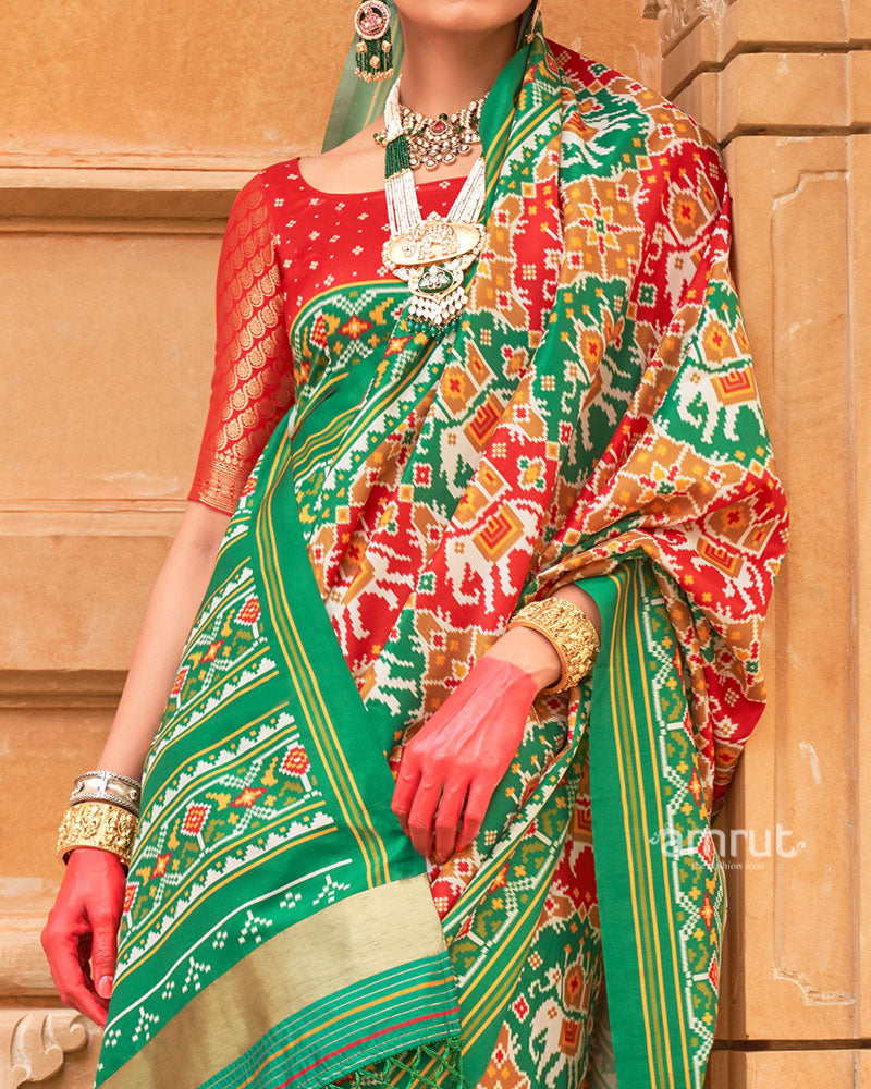 Red Patola Printed Saree with Green Zari Border and Unstitched Blouse 03