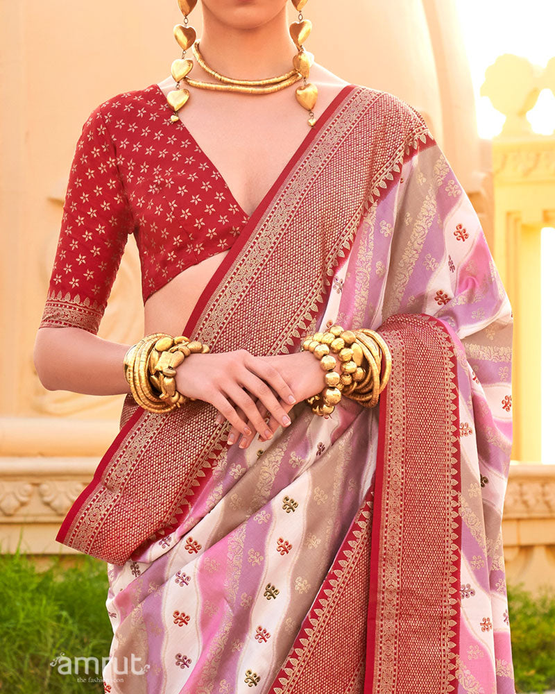 Red Printed Silk Saree with Unstitched Blouse 03