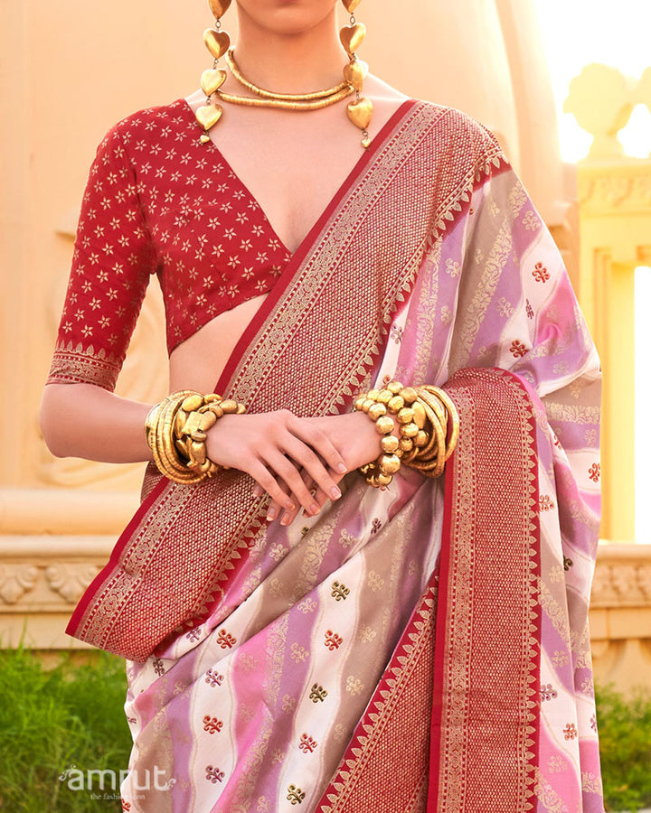 Red Printed Silk Saree with Unstitched Blouse 03