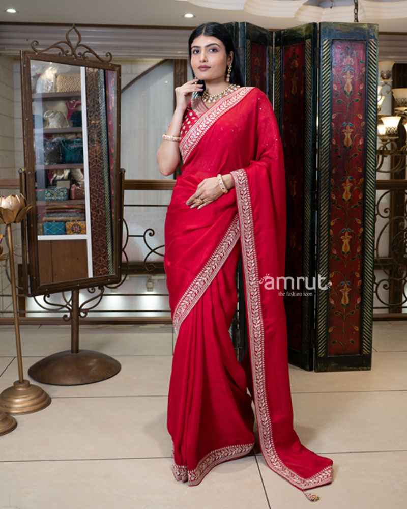 Red Saree with Golden Embroidered Stitched Blouse 01