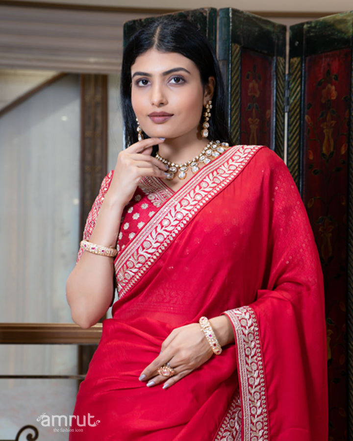 Red Saree with Golden Embroidered Stitched Blouse 02