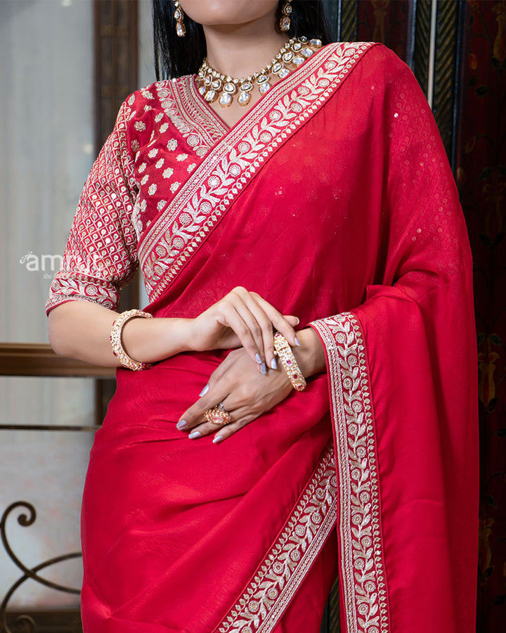 Red Saree with Golden Embroidered Stitched Blouse 03