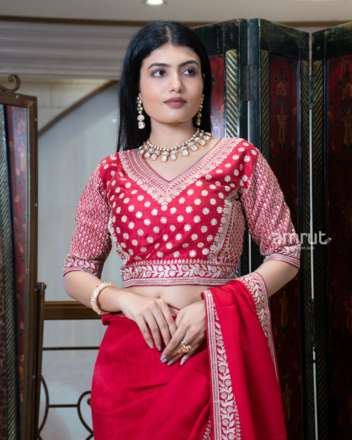 Red Saree with Golden Embroidered Stitched Blouse 04