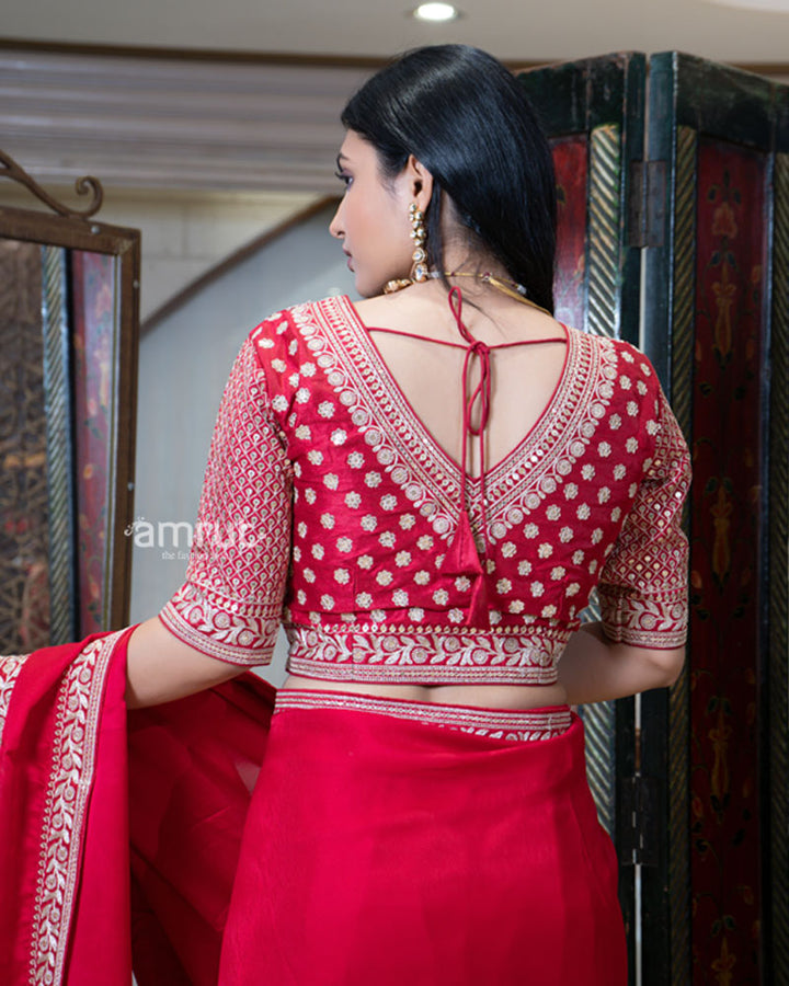 Red Saree with Golden Embroidered Stitched Blouse 05