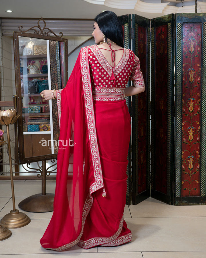 Red Saree with Golden Embroidered Stitched Blouse 06