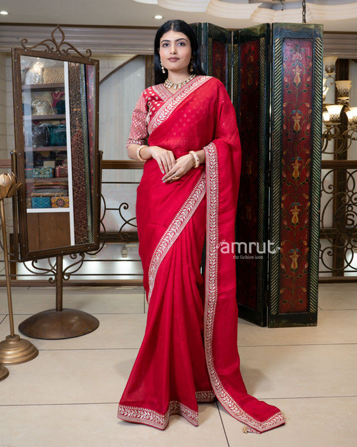 Red Saree with Golden Embroidered Stitched Blouse 07
