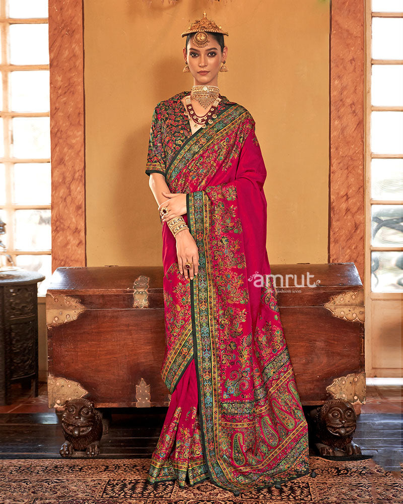 Red Silk Saree with Multicolored Paisley Print and Unstitched Blouse 01