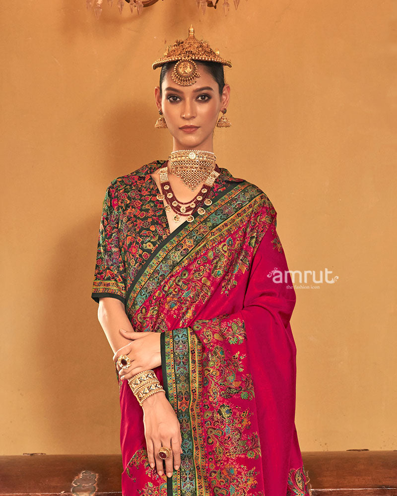 Red Silk Saree with Multicolored Paisley Print and Unstitched Blouse 02
