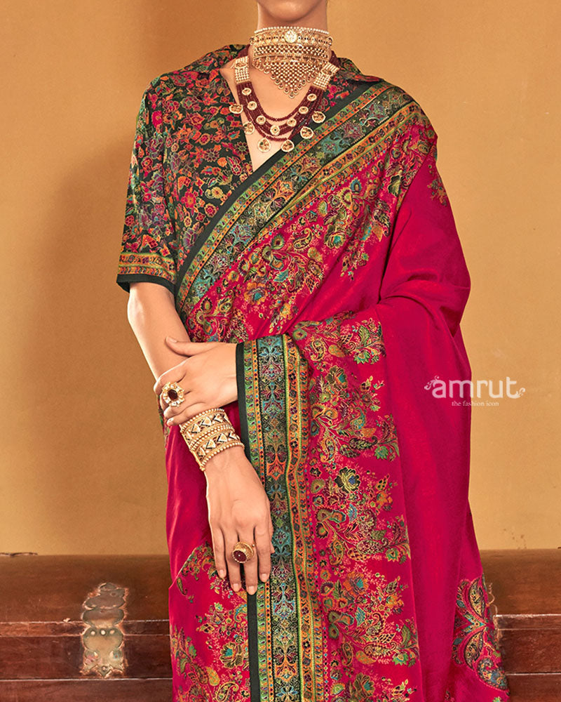 Red Silk Saree with Multicolored Paisley Print and Unstitched Blouse 03