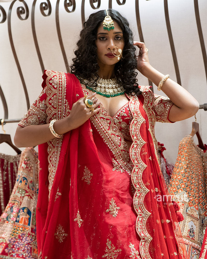 Red Zardozi Embroidered Bridal Lehenga Set 02