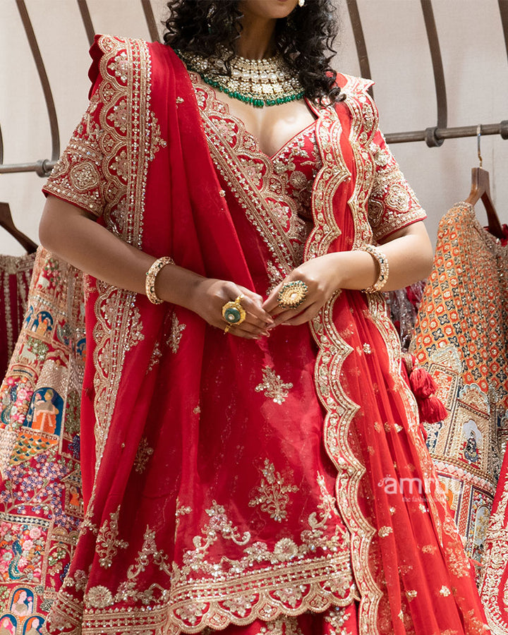 Red Zardozi Embroidered Bridal Lehenga Set 03