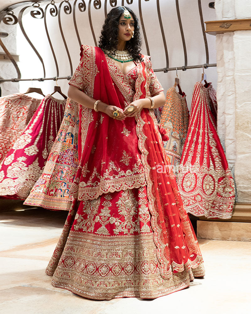 Red Zardozi Embroidered Bridal Lehenga Set 05