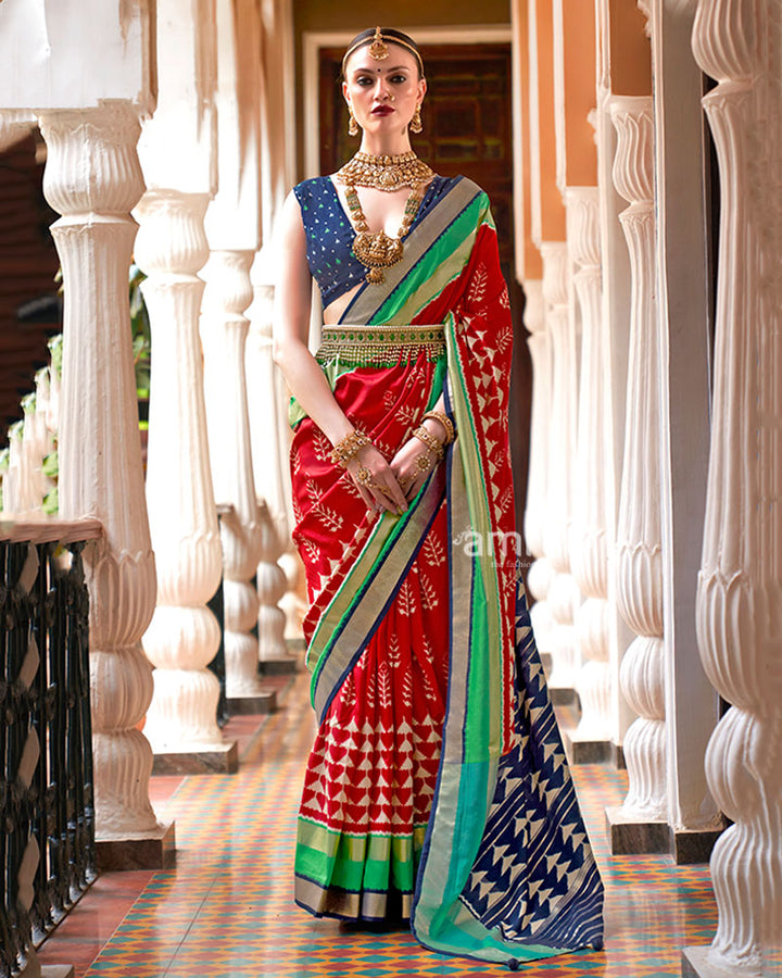 Red Zari Embellished Borders Silk Saree with Unstitched Blouse 01