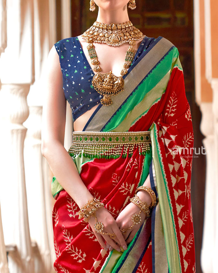 Red Zari Embellished Borders Silk Saree with Unstitched Blouse 03