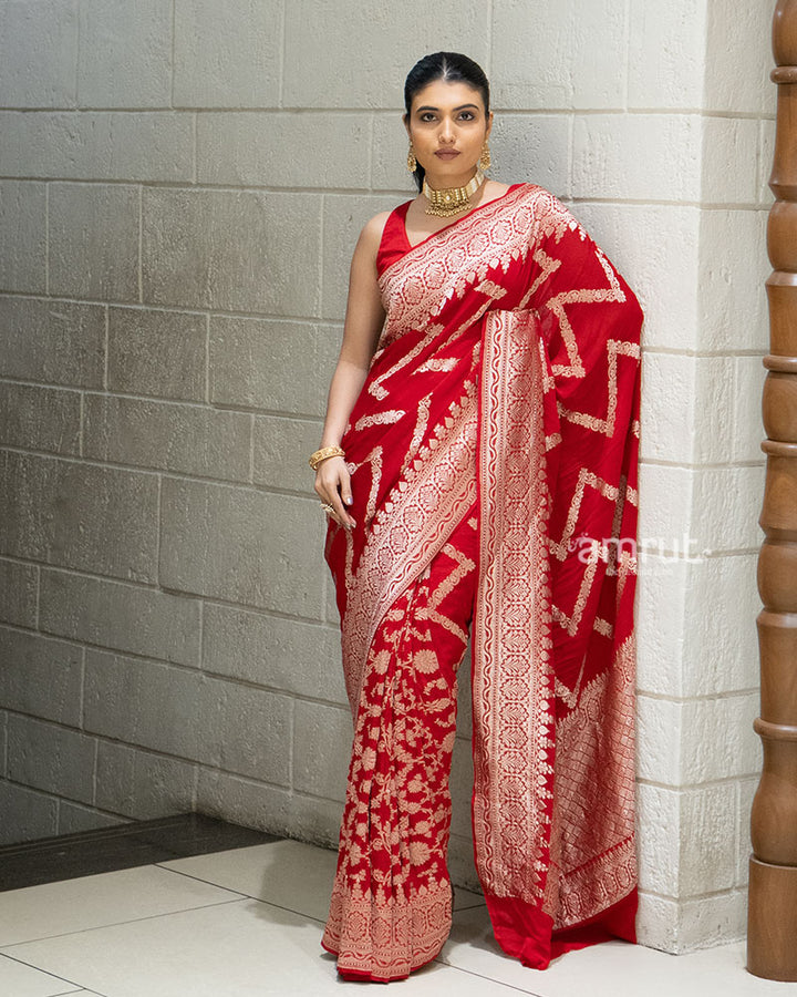 Red Zari Embroidered Banarasi Khadi Georgette Saree with Unstitched Blouse 01