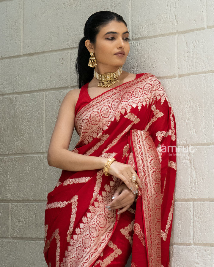 Red Zari Embroidered Banarasi Khadi Georgette Saree with Unstitched Blouse 02