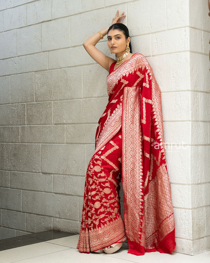 Red Zari Embroidered Banarasi Khadi Georgette Saree with Unstitched Blouse 04