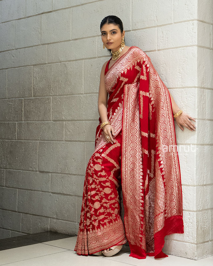 Red Zari Embroidered Banarasi Khadi Georgette Saree with Unstitched Blouse 05